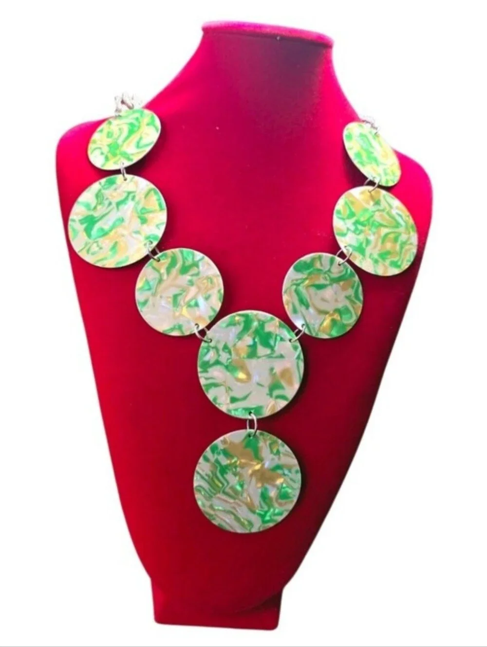 Green & Gold Marbled Acrylic Disc Bib Statement Necklace | Bold Abstract